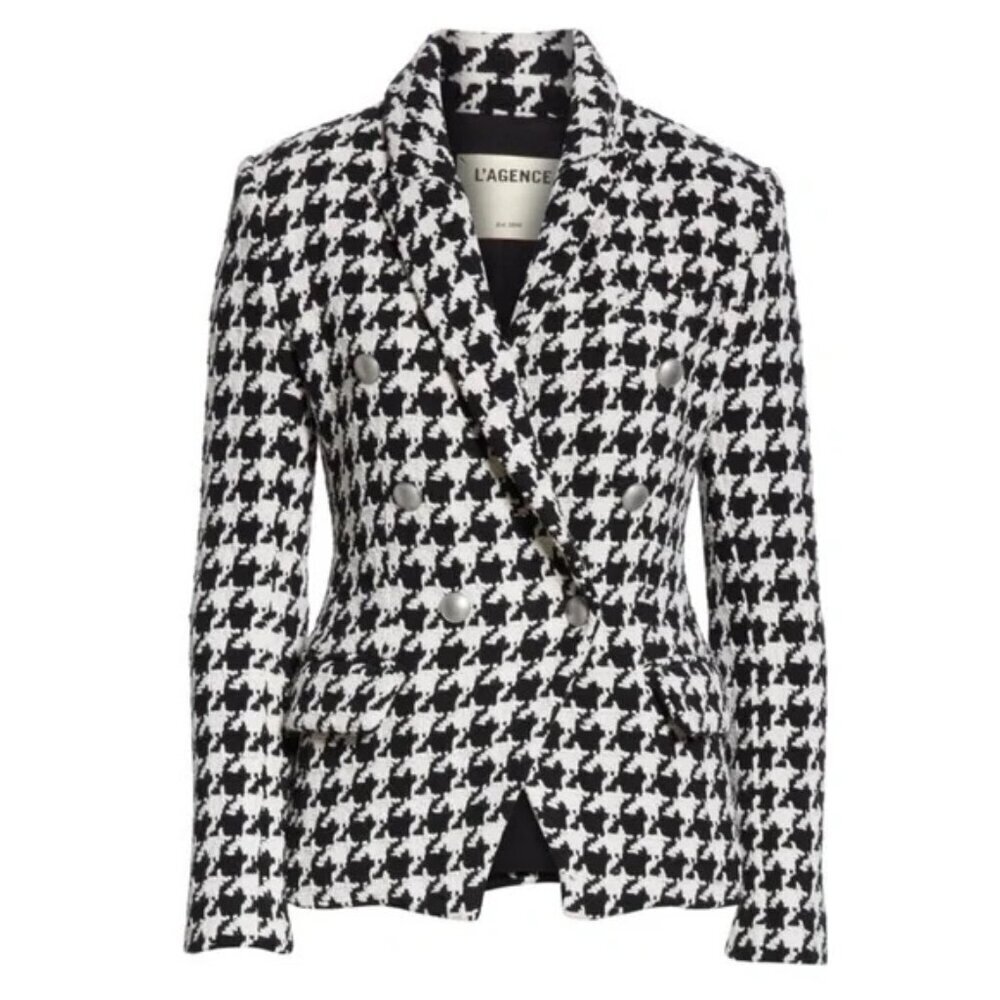 L’Agence Kenzie Houndstooth Blazer Black White Tweed Size 12